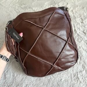 NWT Nyla Noor Shoulder Bag Purse Pebbled Leather Patchwork Tassel Diamond Brown